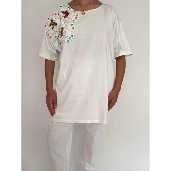 80s vintage white rainbow embellished cotton shirt pants matching two piece set - Picture 4 of 10